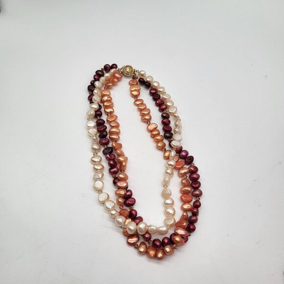 VTG 14/20 Gold Filled Clasp 3 Strand Red Peach Cream Pearl Statement Necklace - Picture 4 of 9